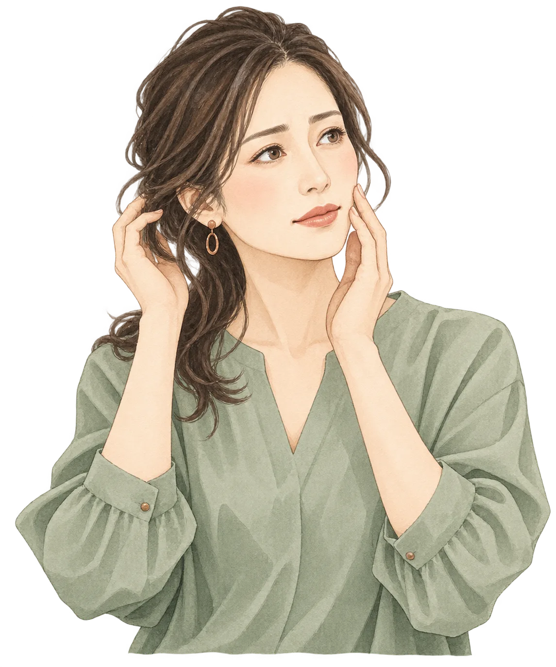 頬や髪に手を添えて悩みを考える女性のイラスト